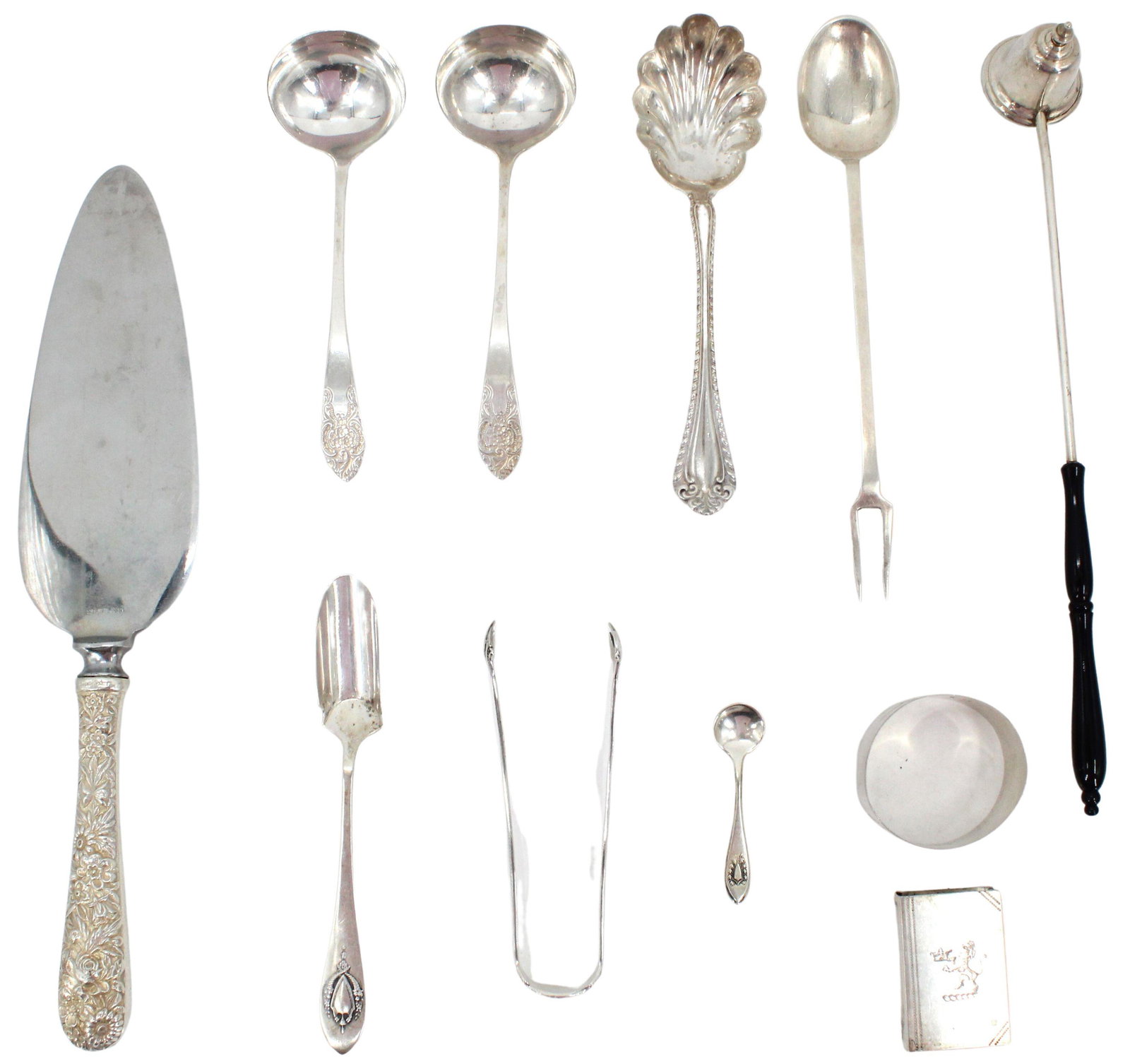 (11) Sterling Silver Utensils 5.23 ozt: (11) Sterling Silver Utensils 5.23 oztMarks on underside. Size of Largest: 2 1/4 x 10 1/4 in.