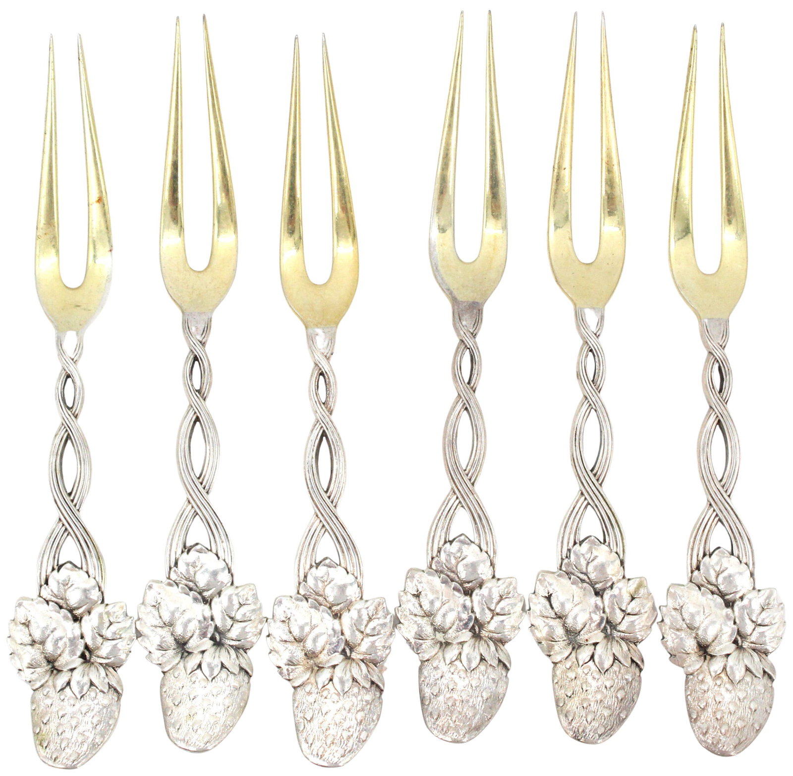 Tiffany & Co. Strawberry Forks 3.8 ozt: Tiffany & Co. Strawberry Forks 3.8 ozt Marked on underside. Size: 4 1/2 in. Long Weight: 3.8 ozt#2413