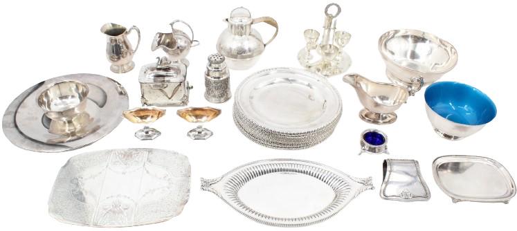 Assortment of (26) Silver Articles of Various Size: Assortment of (26) Silver Articles of Various SizeBrands include: Reed & Barton, Sheffield, Queen Bess Tudor Plate Oneida Community, James W Tuft. Size: 12 x 12 x 1 3/4 in. Largest. #2676