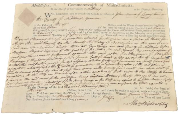 Another American Revolutionary War Signature: This is a court document filed on behalf of Daniel Harrington a decade and a half after the Revolutionary War ended. Daniel Harrington was the owner of land next tothe parsonage of Jonas Clark, the re