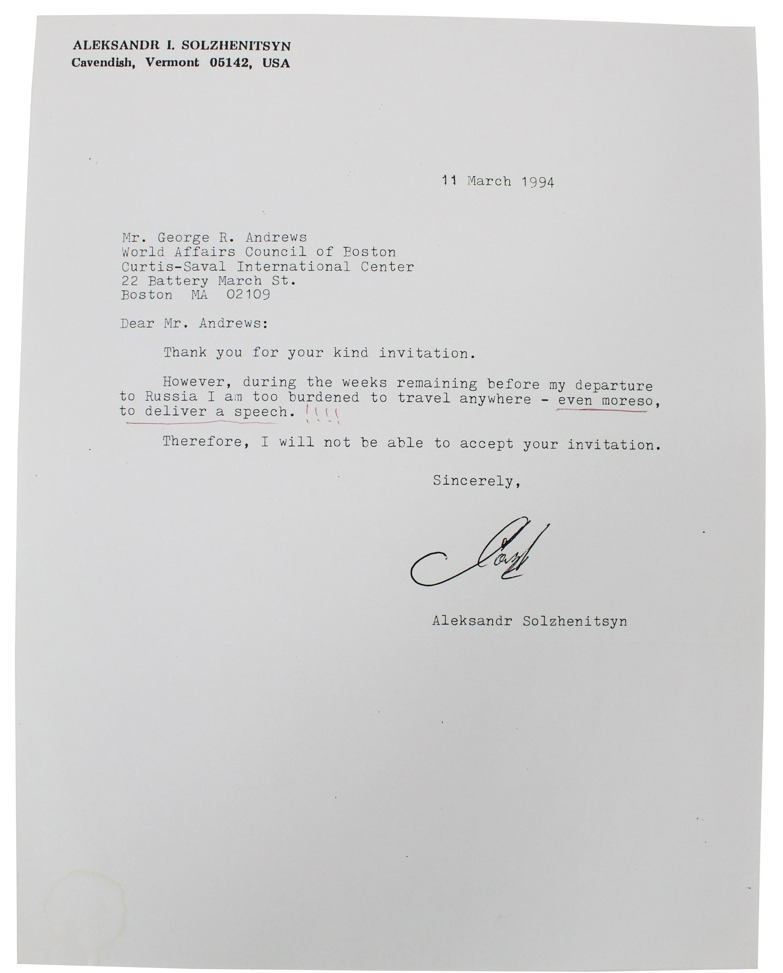 Letter Signed By Novelist Aleksandr Solzhenitysyn: This is a letter signed by Russian writer Aleksandr Solzhenitysyn (1918-2008) while he was living in his adopted home of Cavendish, Vermont. A prominent Soviet dissident, Solzhenitsyn was an outspoken