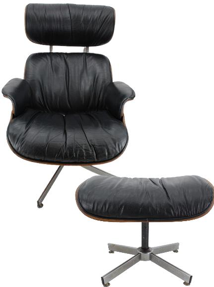 Herman Miller Style Chair / Ottoman: Herman Miller Style Chair / Ottoman. Laminated Wood. Leather Chair & Ottoman. Circa 1970s. Size: 31 x 30 x 40 in. #2021