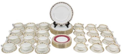 (72) Pc Wedgewood Whitehall Gold Bone China: (12) Cups. (12) 6" plates. (12) 5 3/4 in tea cup plates. (72) Pc Wedgewood Whitehall Gold Bone China(12) 8" Plates red inner. (9) 2 handle cups. (bouillon) (12) 10 3/4 in plates. Whitehall Pattern Mad