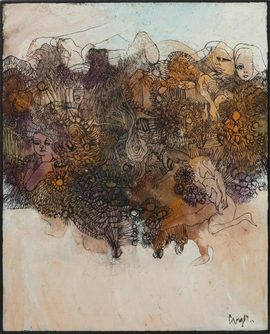 A. Canger (20th C) Oil On Canvas: A. Canger (20th C) Oil On Canvas Titled "Garden of Eden" Signed and dated in lower right 1963.Oil on canvas of several figures and various flora. Robbins Gallery label on back. Overall size: 25 1/2 x 