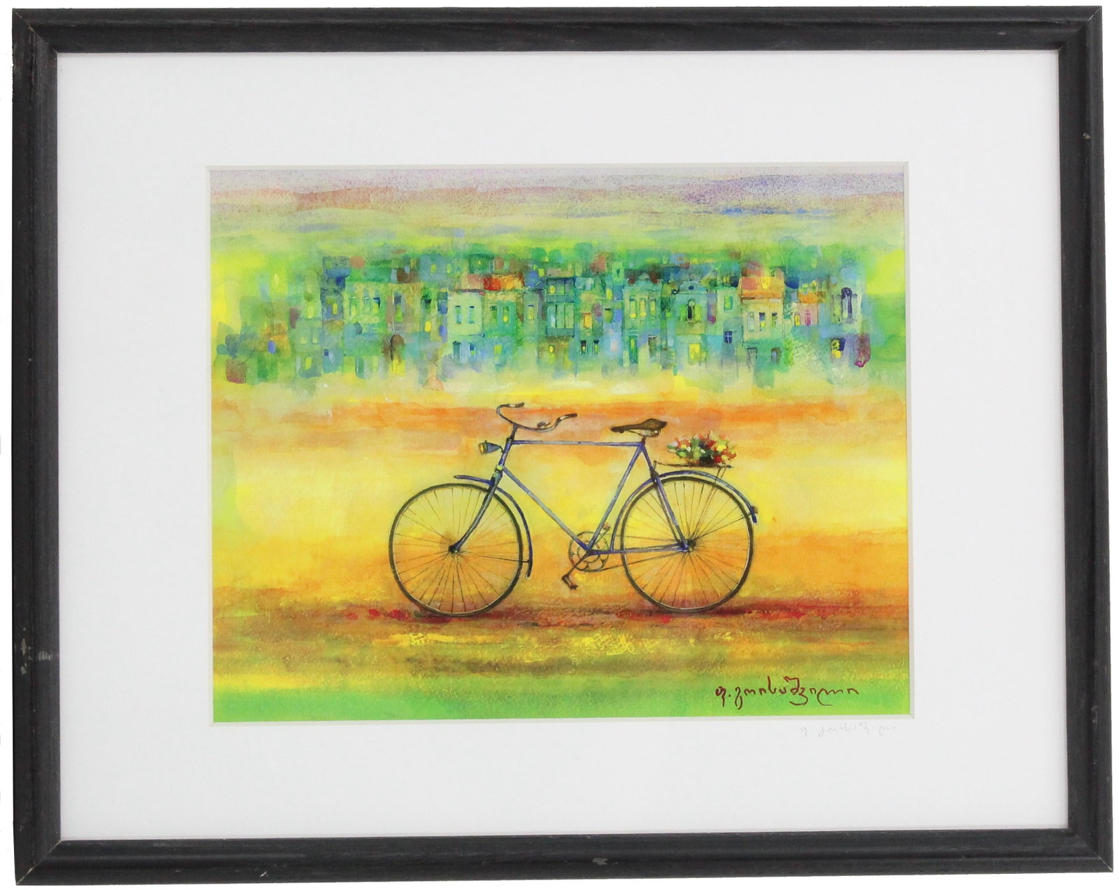 Pridon Goisashvilli Watercolor: Pridon Goisashvilli Watercolor. Signed in pencil in lower right. Bike in foreground with colorful buildings in the background. Overall Size: 11 7/8 x 14 7/8 in. Sight Size: 7 1/2 x 9 1/2 in. #1798 #26