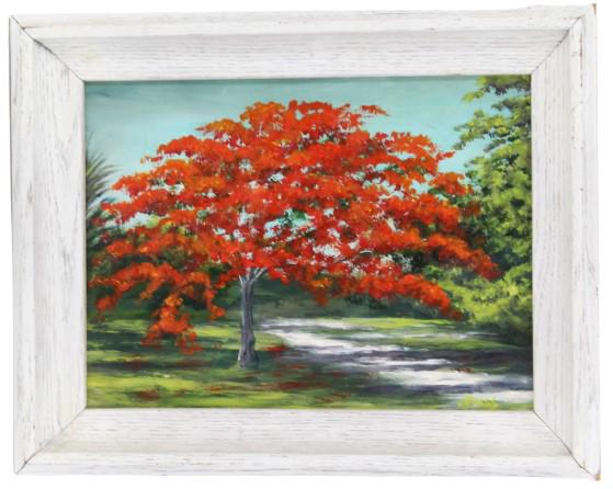 J Jones Listed Highwayman Oil on Masonite: J Jones Listed Highwayman Oil on Masonite . Signed in lower right. Framed in good condition, there are signs of chipping on the exterior of the frame. The flamboyant tree is native of Madagascar and i