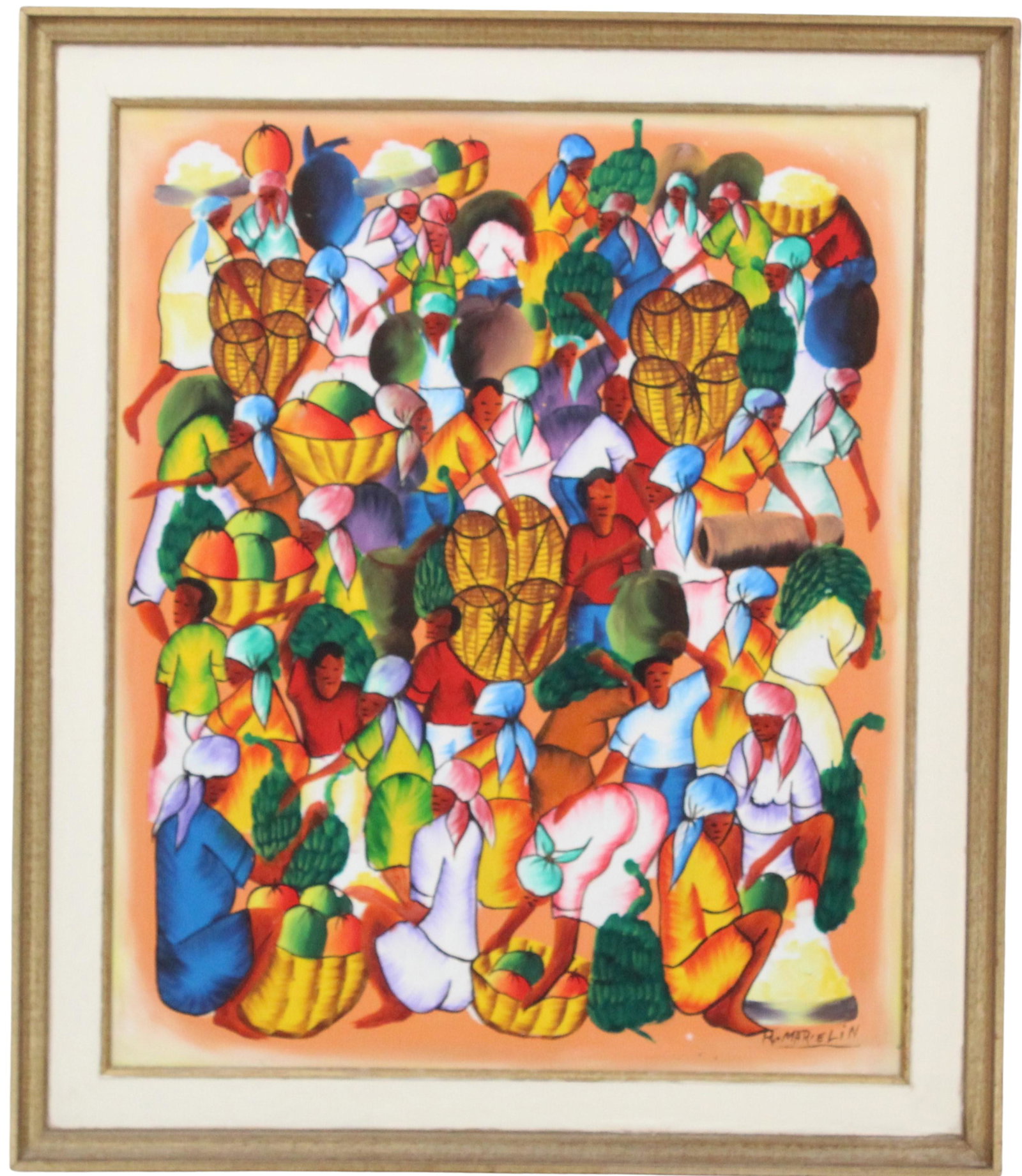 Renold Marcelin (B. 1952) Haitian, Oil on Masonite: Renold Marcelin (B. 1952) Haitian, Oil on Masonite. Signed lower right. Market scene. Marcelin joined the Centre d'Art in 1973 and has exhibited there and abroad. His work is known for its vivid color