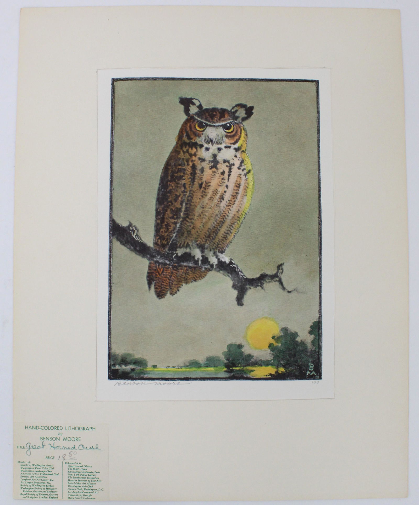 Benson Moore(1882-1974) USA, Owl Lithograph (1 of 10)