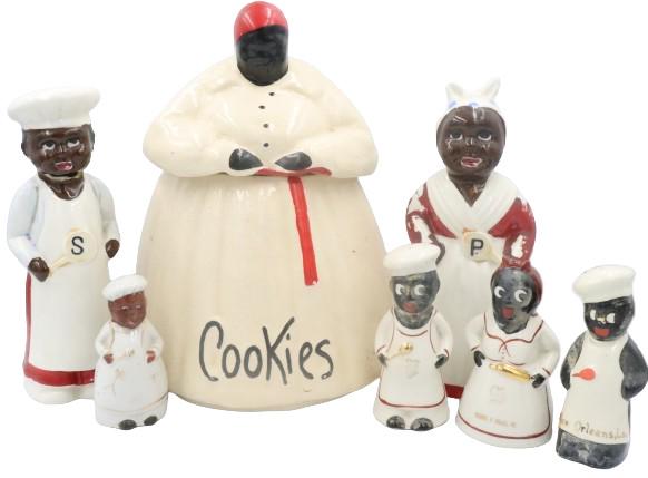 (7) Collection Ceramic Black Americana Folk AS IS: (7) Collection Ceramic Black Americana Folk AS ISVintage shaker. White hat and apron. Damage on one side and underside. Black Americana figural cookie jar, White dress with red belt and matching head
