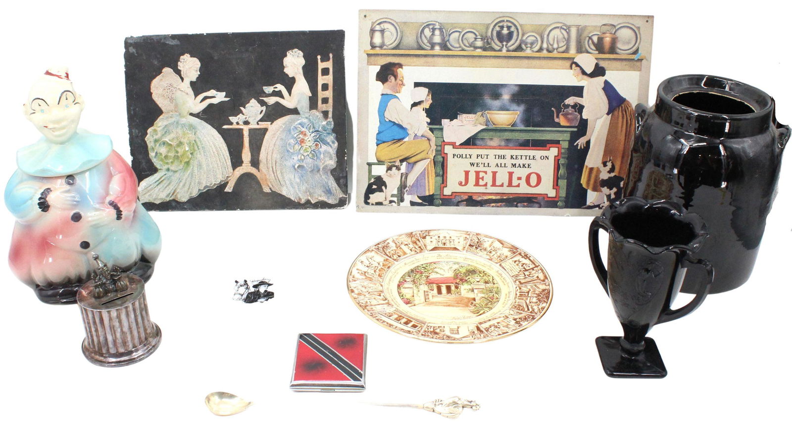 (10) Pcs Misc. Collectible Items: 10 Pcs Misc. Collectible ItemsCotton candy colored Clown Cookie Jar, Collectible plates, Tea pot. Vintage advertising. Vintage sign with ladies enjoying tea. Signs of age. Vintage metal sign advertisi