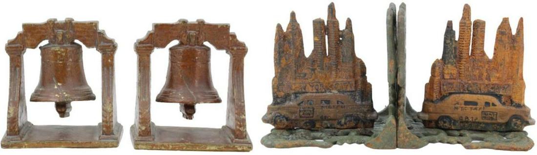 (2) Pair of Liberty Bell & NYC Bookends AS IS: (2) Pair of Liberty Bell & NYC Bookends AS IS1 pair of Liberty Bell wooden Bookends. Signs of age. Size: 4 1/2 x 2 x 4 1/2 in. #2451 1 pair of New York City Skyline cast iron Bookends. Rusting. Size: