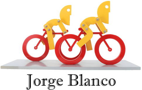 Jorge Blanco (b 1945) USA, "Easy Ride" Sculpture: Jorge Blanco (b 1945) American, "Easy Ride" Sculpture. Made of aluminum and paint. Signed and dated AP, Jorge Blanco, 2015. Titled "Easy Ride". Depicting two yellow figures on red bikes. Blanco