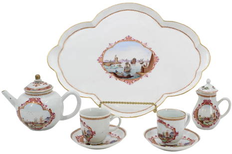 Exceptional 18th C Chinese Export Tea Set w/Tray: Exceptional 18th Century Chinese Export Tete A Tete Tea Set with Rare Tray. A tea service for two. Hand painted of merchants and harbor. 7 piece set includes a tray/platter, teapot, creamer, two