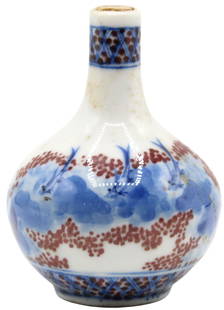 Chinese Qing Dynasty Porcelain Snuff Bottle: Chinese Qing Dynasty Porcelain Snuff Bottle. Blue and white and copper red porcelain snuff bottle. Qing Dynasty (1840-1910). Miniature Asian Gourd, Hand Painted Porcelain. In fair condition, slight si