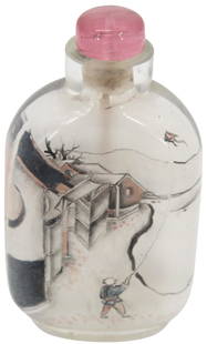 Late Qing Dynasty Chinese Snuff Bottle: Late Qing / Early Republic Dynasty Chinese Snuff Bottle. Circa 1900. Reverse Painted with a tourmaline stopper. Hand Painted Glass. The bottle is in good vintage condition, there is some discoloration