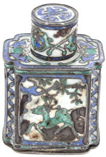 Chinese Silver & Enameled Tea Caddy Snuff Bottle: Chinese Silver & Enameled Tea Caddy Snuff Bottle. In the shape of a tea caddy. Silver bottle with colored enamel. Intricate detail. The bottle is in overall good condition with signs of age-appropriat