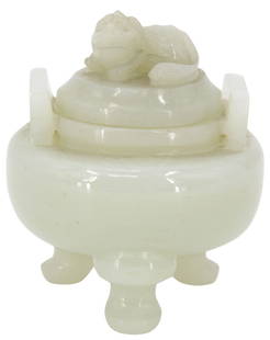 19th / 20th C Chinese Carved Jade Incense Burner: Antique 19th / 20th Century Chinese Carved Jade Incense Burner. 2 Piece, lid and body. Date: Circa 19th/20th Century. The vessel is in good vintage condition. The Incense burner is three footed, has