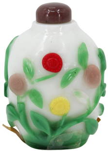 19th Century Chinese Peking Glass Snuff Bottle: 19th Century Chinese Peking Glass Snuff Bottle. 5 Color Peking Glass Snuff Bottle. Good vintage condition with minimal wear. The bottle is covered with colorful floral motifs. Ovate rounded bottle. Si