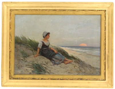 Edward Percy Moran (1862-1935) USA, O/C: Edward Percy Moran (1862-1935) USA, O/C. Signed in the lower right. Oil on canvas of a woman on the water. Framed in good vintage condition, the frame has signs of chipping due to age & there are a co