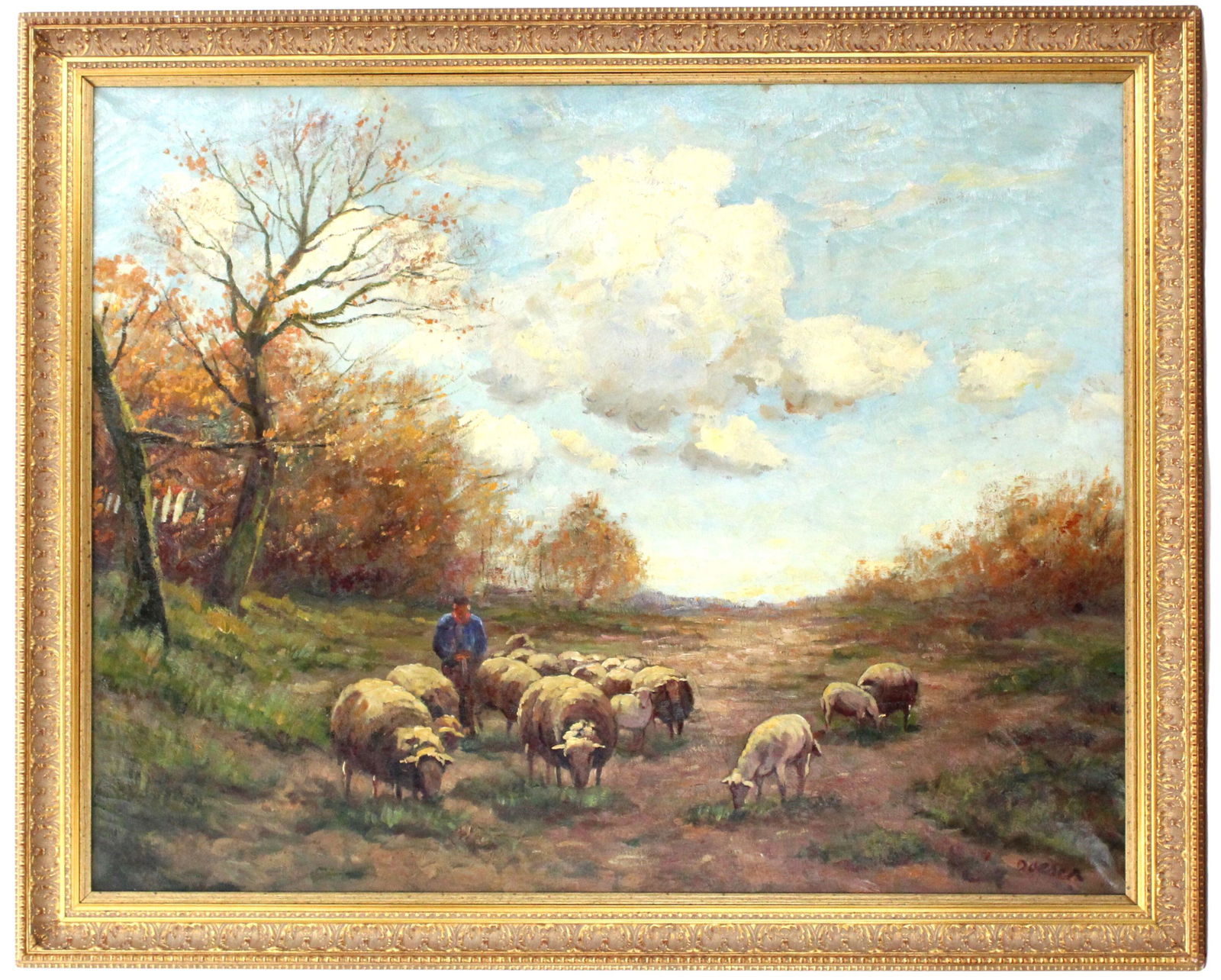 Jacobus Doeser (1884-1970) Dutch, Oil On Linen: Jacobus Doeser, Shepherd With Sheep, Oil On Linen. Date: 1884 - 1970. Framed in good vintage condition with slight signs of wear due to age. Signed in the lower right. Jacobus Doeser was a self-taught