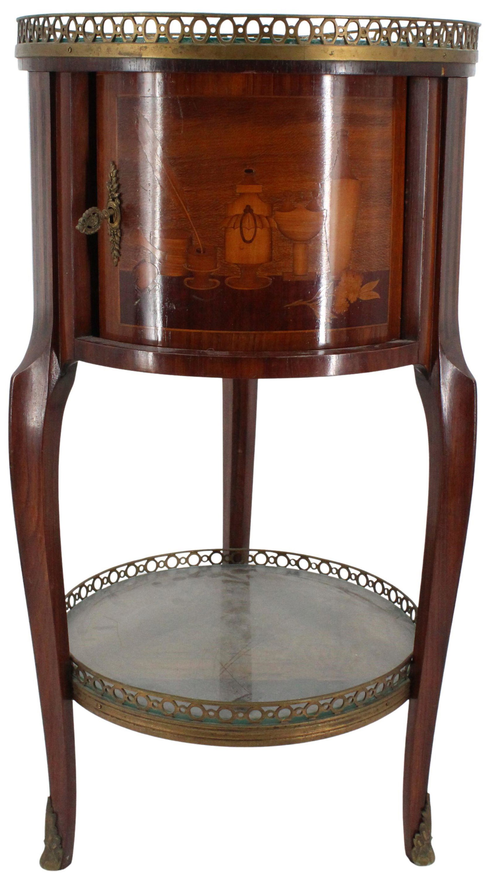 Early 20C Inlaid French Gallery Table: Early 20C Inlaid French Drum Table. Being Sold As Is. Size: 15 x 14 3/4 x 28 1/2 in. #2118
