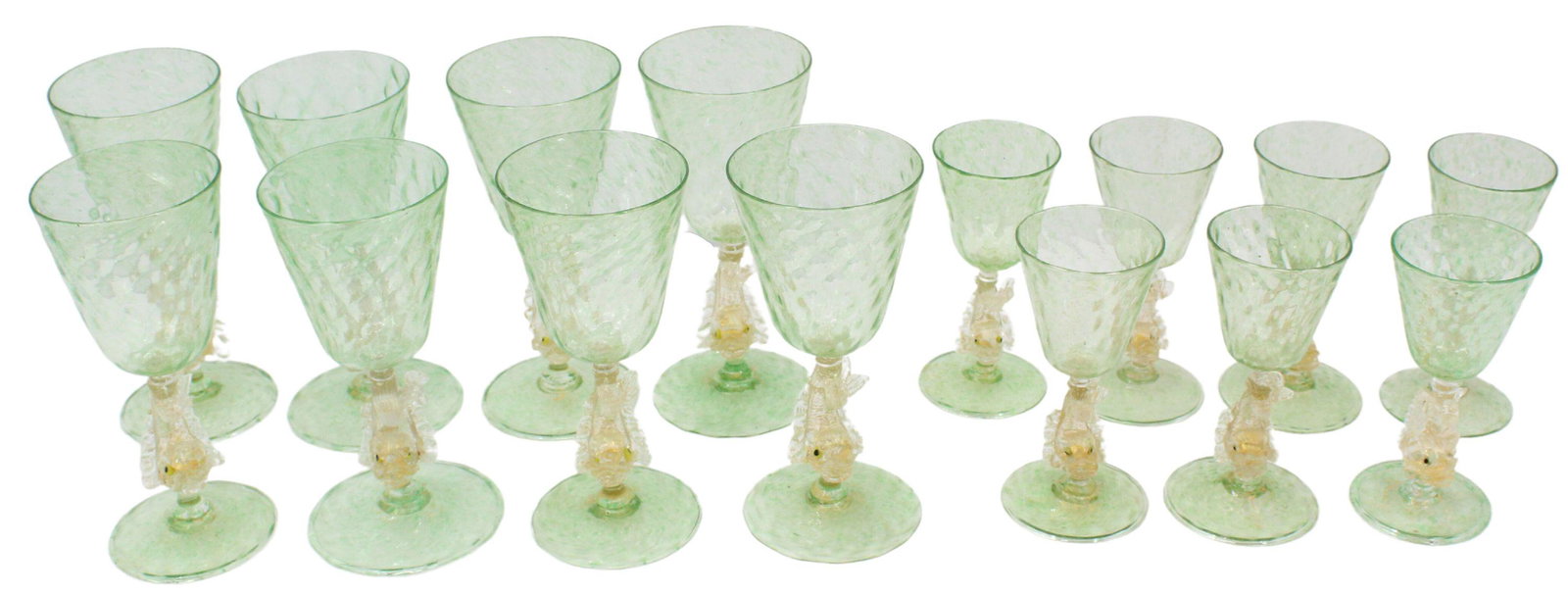 15 Salviati Murano Dolphin Stem Liquor Glasses: 15 Salviati Murano Dolphin Stem Liquor Glasses. 8 Larger and 7 Smaller. Size of Tallest: 3 1/2 x 8 in. #1695
