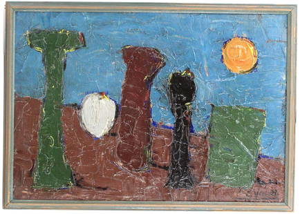 Attr. Claude Venard (1913-1999) French, O/C: Attr. Claude Venard (1913-1999) French, Oil on Canvas. Depicting a landscape with abstract shapes. Signed C Venard in the lower right. Framed in fair condition, the paint shows signs of cracking due t