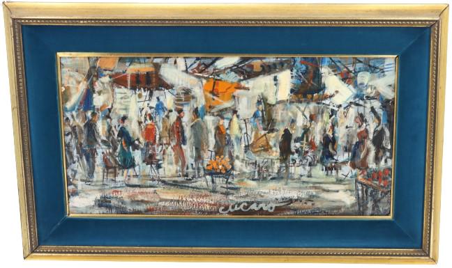 Pascal Cucaro (1915-2004) American, Oil on Board: Pascal Cucaro (1915-2004) American, Oil on Canvas Board. Signed. Titled "Market Scene". Pascal Cucaro is known for Clowns, marine, animal and portrait painting. Pascal (Pat) Cucaro was born in Youngst