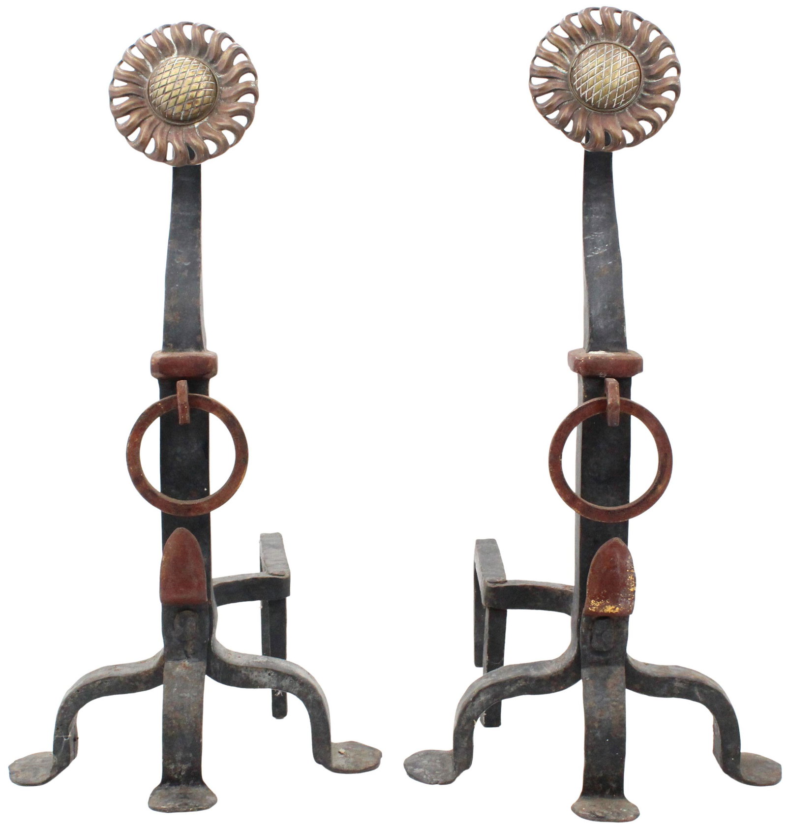 Arts & Crafts Wrought Iron Sunflower And Irons: American Arts & Crafts wrought iron and bronze sunflower medallion and ironsSize: 18 5/8 x 14 1/2 x 27 3/4 in. #2581