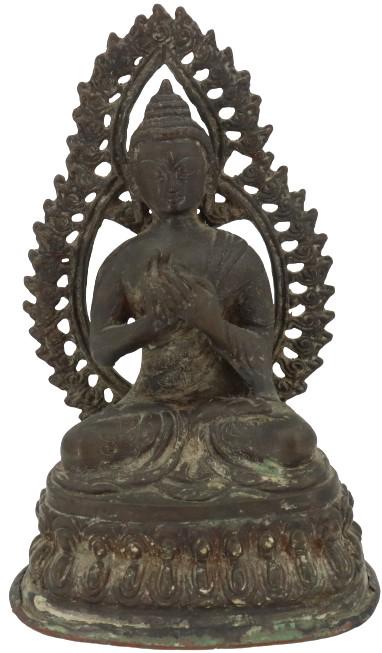 Tibetan Consecrated Bronze Buddha with Halo: Tibetan bronze Buddha with halo, consecrated with sealed & stamped wrapped metal base. Seated on a lotus base.Size: 5 x 3 x 7 1/2 in. #3509