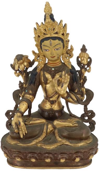 20th C. Tibetan Painted Gilt Bronze Guanyin: 20th Century Tibetan painted, gilt bronze Guanyin. Has inlaid turquoise accents and is seated on a lotus base that is sealed with stamped bronze covering.Size: 5 1/2 x 3 x 8 1/2 in. #3515
