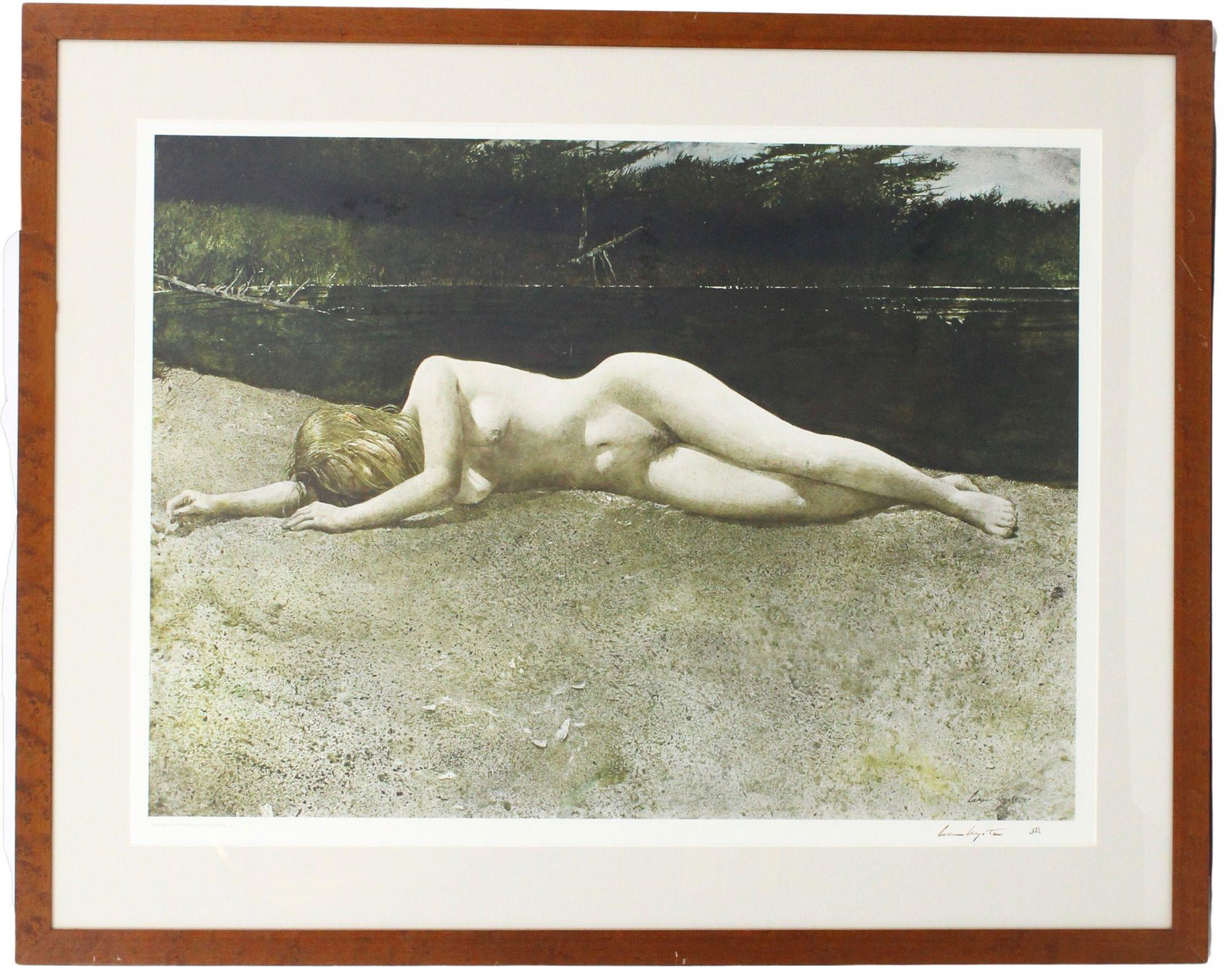 Andrew Wyeth (1917-2009) USA, Limited Ed. Print: Andrew Wyeth (1917-2009) American, Limited Edition Signed Print. Depicting a nude woman lying on the ground with water and plants in the background. Titled "Black Water". Signed Andrew Wyeth in the lo