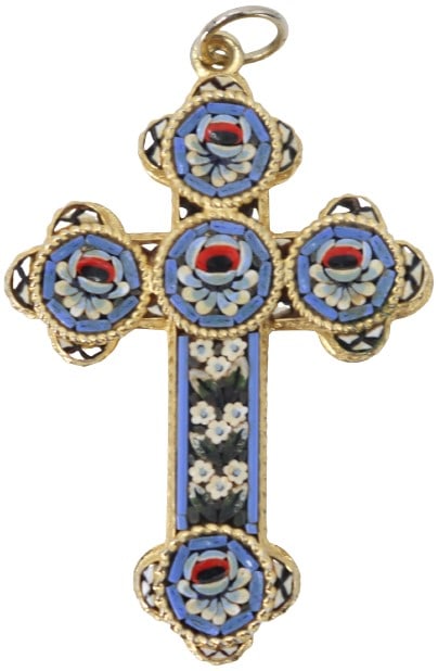 Striking Micro Mosaic Italian Cross Pendant: Elaborate micro mosaic Italian cross pendant.Gold tone electroplating highlights the multiple floral patterns of rich blue, red, white and black diminutive tiles. Size: 3 x 2 in. #4207
