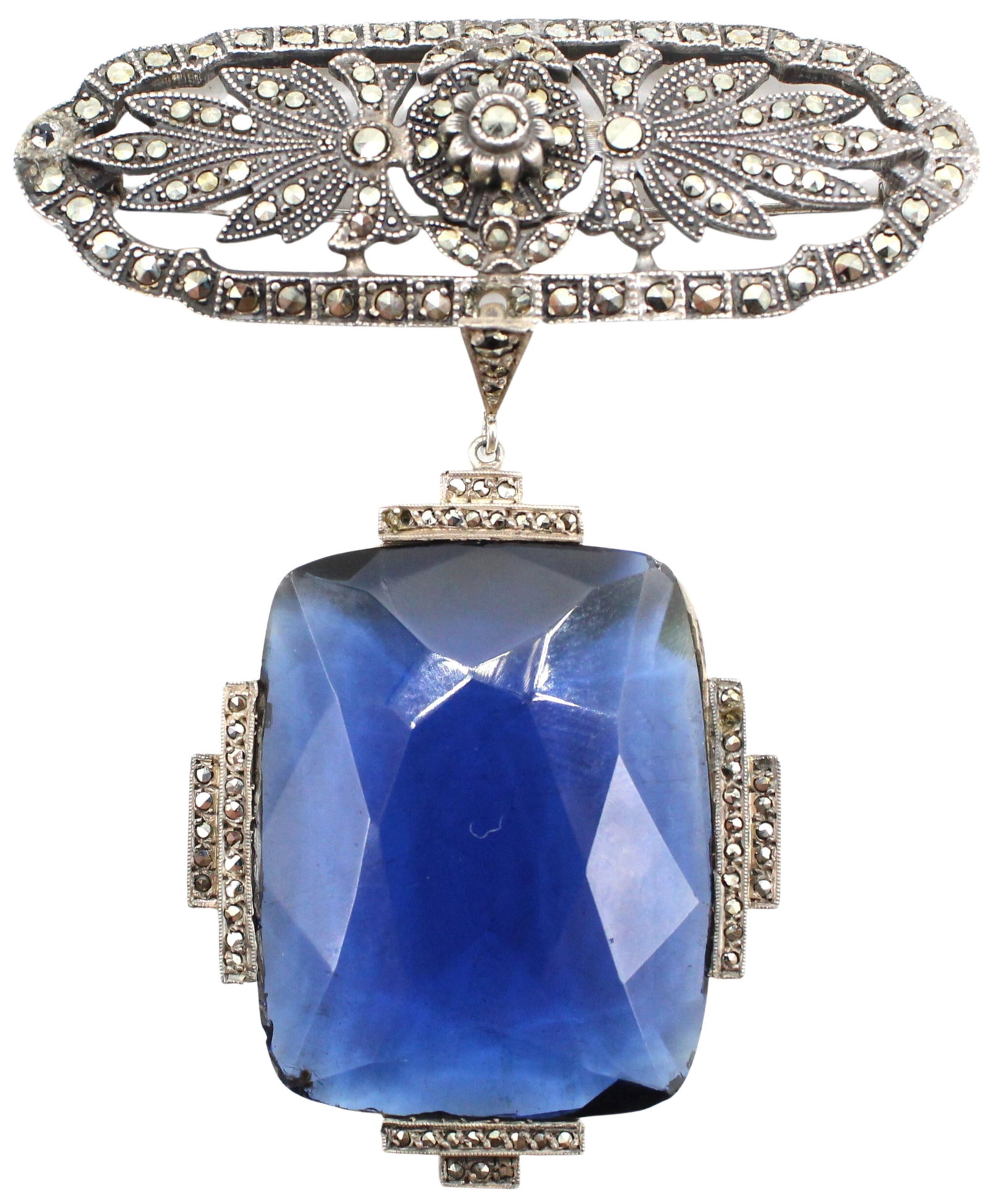 Marcasite Sterling French Brooch: Fabulous Marcasite Sterling Bar pin with a blue stone drop . Marked sterling. 1930-1940s Marked France. Weight in OZT: .82 ozt. Size: 2 1/4 x 2 7/8 in. #1372
