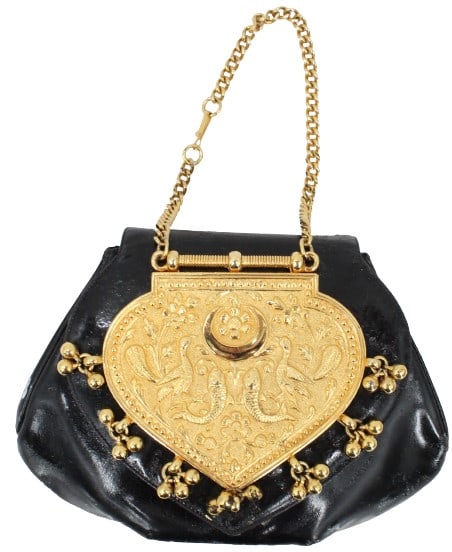 Judith Leiber Leather Purse AS IS: Judith Leiber Leather Purse AS IS Black and gold evening bag. Name plate on inside. Chain handle. Snap closure. Zipper pocket on inside. Small pocket on inside. Fish and peacock relief design on front