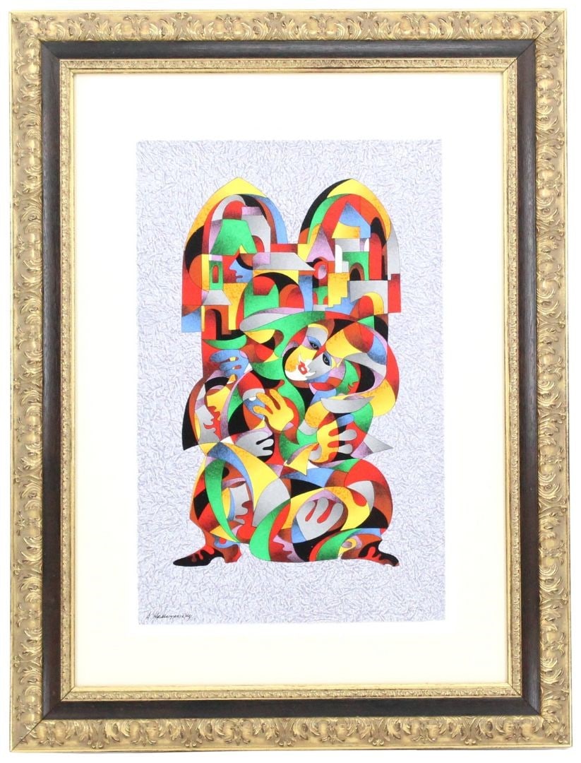 Anatole Krasnyansky (B1930) Ukraine, Serigraph AP: Anatole Krasnyansky (B1930) Ukraine, Serigraph AP. Titled "The Couple II". Signed lower left. Numbered AP 18/95 on lower right. 2003. Colorful abstract faces. Set in a white mat. Serigraph in color on