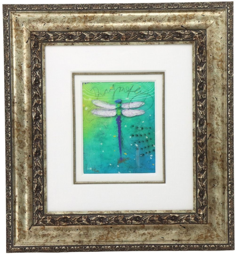 Tim Yanke (B. 1962) USA, Lenticular Litho: Tim Yanke (B. 1962) USA, Lenticular Litho. Titled "Green Spring". 2014. C1/COL in lower left. Signed under dragonfly. Green to blue gradient background. Blue and green dragonfly with white wings. Drag