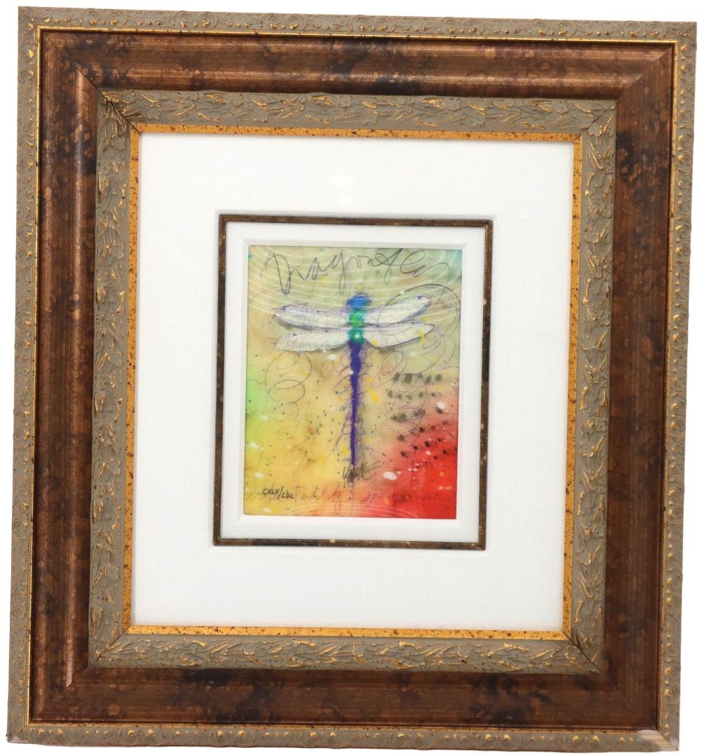 Tim Yanke (B. 1962) USA, Lenticular Litho: Tim Yanke (B. 1962) USA, Lenticular Litho. Titled "Sunrise Spring". CXLV/CDL in lower left. Signed under dragonfly. Light yellow to red gradient background. Blue and green dragonfly with white wings. 