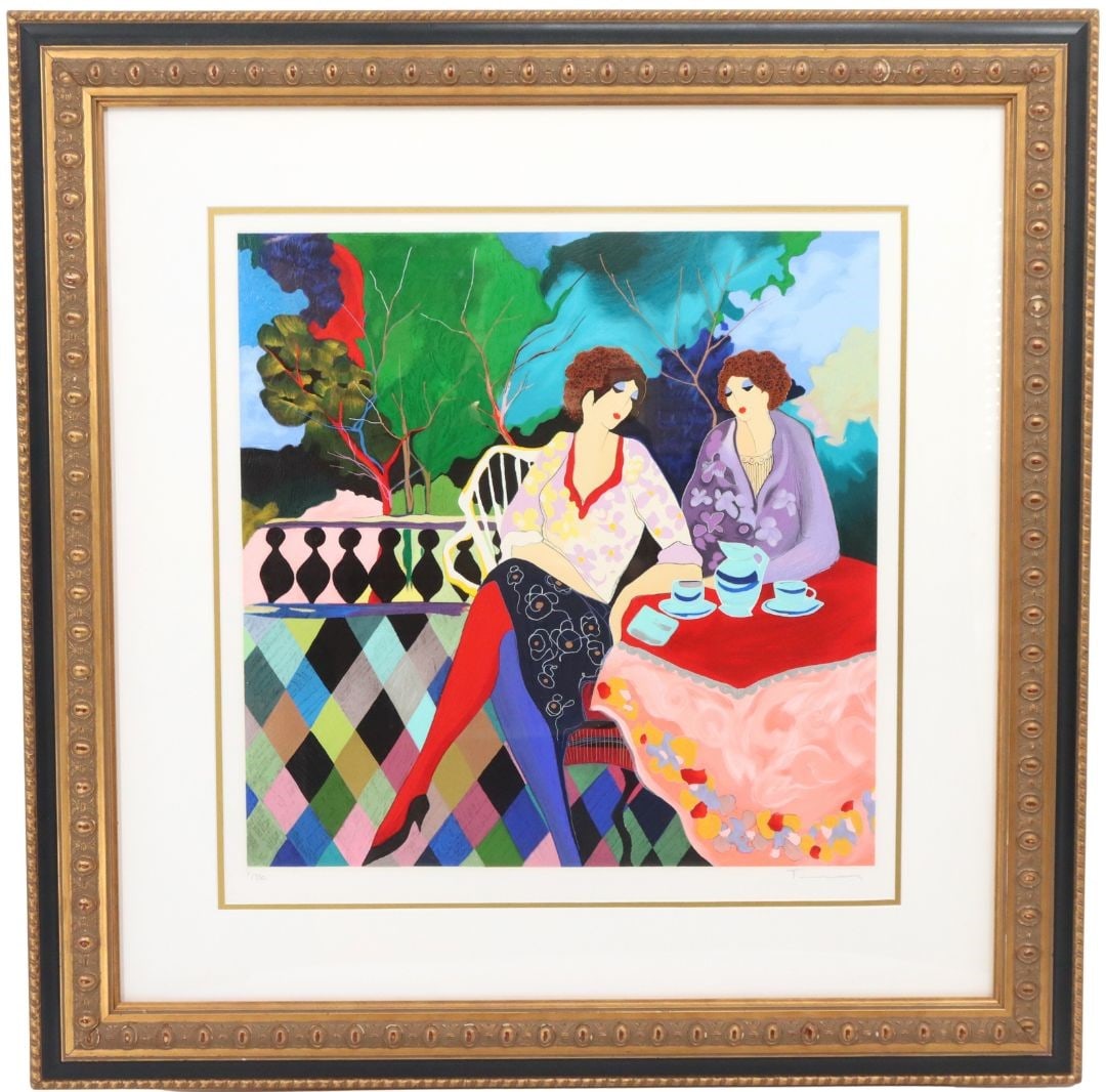 Itzchak Tarkay (1935-2012), Israeli, Lithograph: Itzchak Tarkay (1935-2012), Israeli, Lithograph. Titled, "Afternoon Tea II". Signed lower right, numbered 2/350 on lower left. Framed lithograph depicting a couple female figures sitting at a table fo