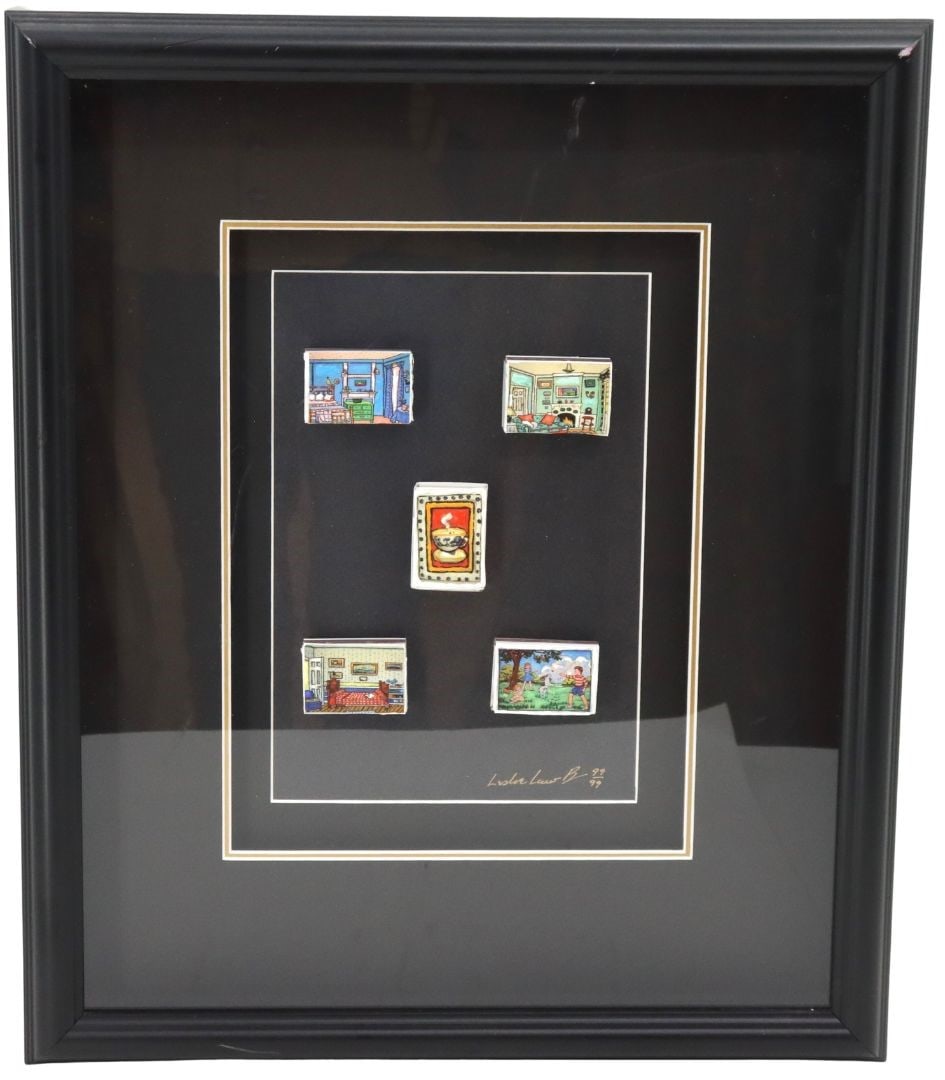 Leslie Lew (B.1953) USA, Mixed Media: Leslie Lew (B.1953) USA, Mixed Media. Titled "Home Sweet Home Series". 2008. Signed in lower right. Numbered, 99/99 in lower right. Matchboxes with different scenes painted on them. 2 of different bed