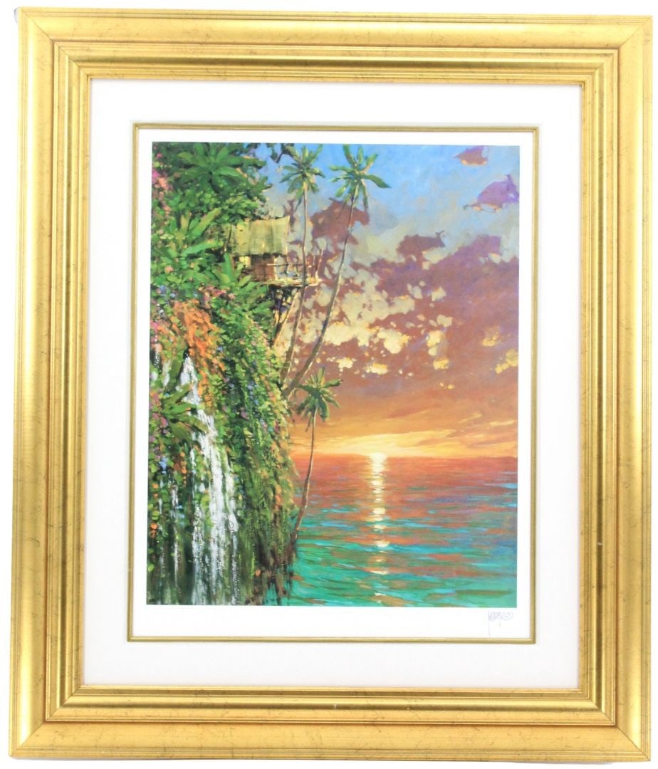 Marko Mavrovich (B.1960) American, Seriolithograph: Marko Mavrovich (B.1960) American, Seriolithograph. Titled "I Think of You This Time of Day". Artist signature on lower right. 2009Depicts a lovely ocean sunset beside an island cliff. Seriolithograph