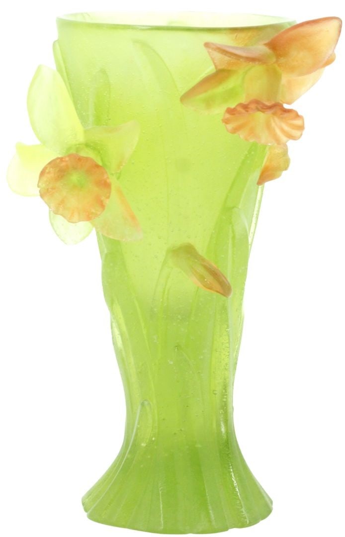 French Daum Pate de Verre "Jonquilles" Vase: French Daum Pate de Verre "Jonquilles" vase in soft but vibrant lime green with soft peach & yellow florals.Daum France is etched on underneath surface. Comes with original Daum box and sculpted foam