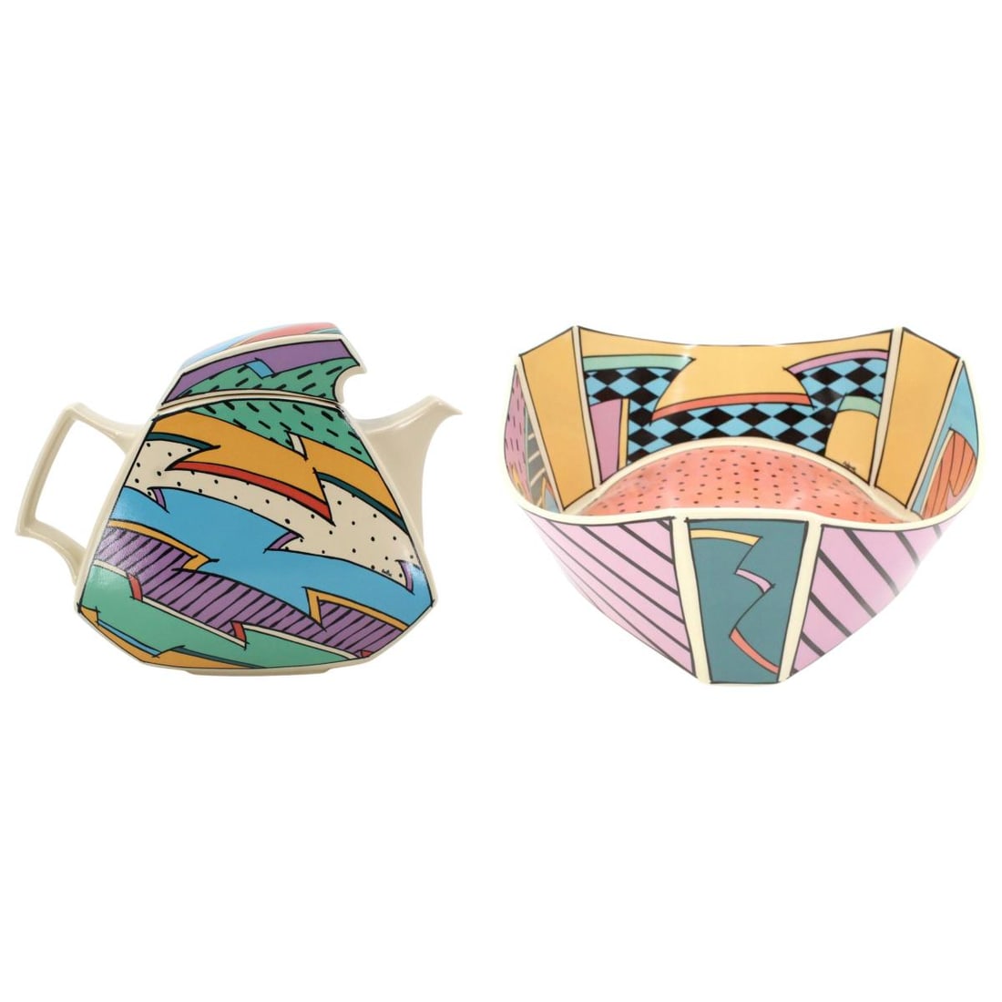 2 Dorothy Hafner "Flash" Rosenthal Bowl & Teapot: (2) Dorothy Hafner "Flash" pattern Rosenthal abstract painted ceramic bowl & lidded teapot. In the manner of pop art. Size: 12 x 12 x 5 1/4 in. #5004