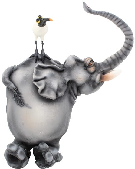 Todd Warner Elephant with White Bird Atop: Charming Todd Warner Elephant with White Bird Atop. Signed, dated, and numbered near butt. Elephant standing with legs going different directions. Small white bird standing on the elephants back with