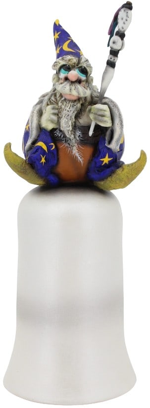 Todd Warner (1945-2022) USA, Wizard Bell: Todd Warner (1945-2022) USA, Wizard Bell. Large bell with a wizard figure on the top holding a staff that detaches. Signed Todd J Warner and dated 2001 near the bottom of the bell. In as is condition,