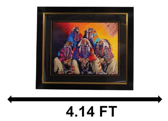 Earl Biss (1947-1998) USA, Lithograph: Earl Biss (1947-1998) USA, Lithograph. Signed near upper right. Numbered 46/175 lower left. Titled lower middle "Land of the Free Home of the Brave". Lithograph of 5 Indian chiefs in chains. From a Be