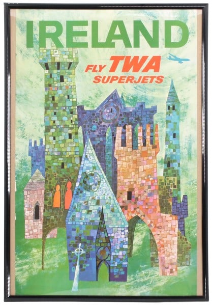David Klein (1918-2005) USA, Travel Poster: David Klein (1918-2005) American, Original Travel Poster. 'Ireland' (1960's) 'Fly Twa Superjets'. David Klein is known for Regional subject watercolor painting, commercial art. Overall Size: 41 1/8 x