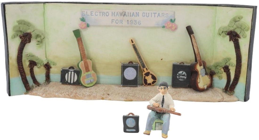 Chris Unterseher (B. 1943) American, Diorama: Chris Unterseher (B. 1943) American, Diorama. Electro 'Hawaiian Guitars for 1936'. Unterseher is a noted California Ceramics Artist. He received a Master of Fine Arts Degree from the University of Cal