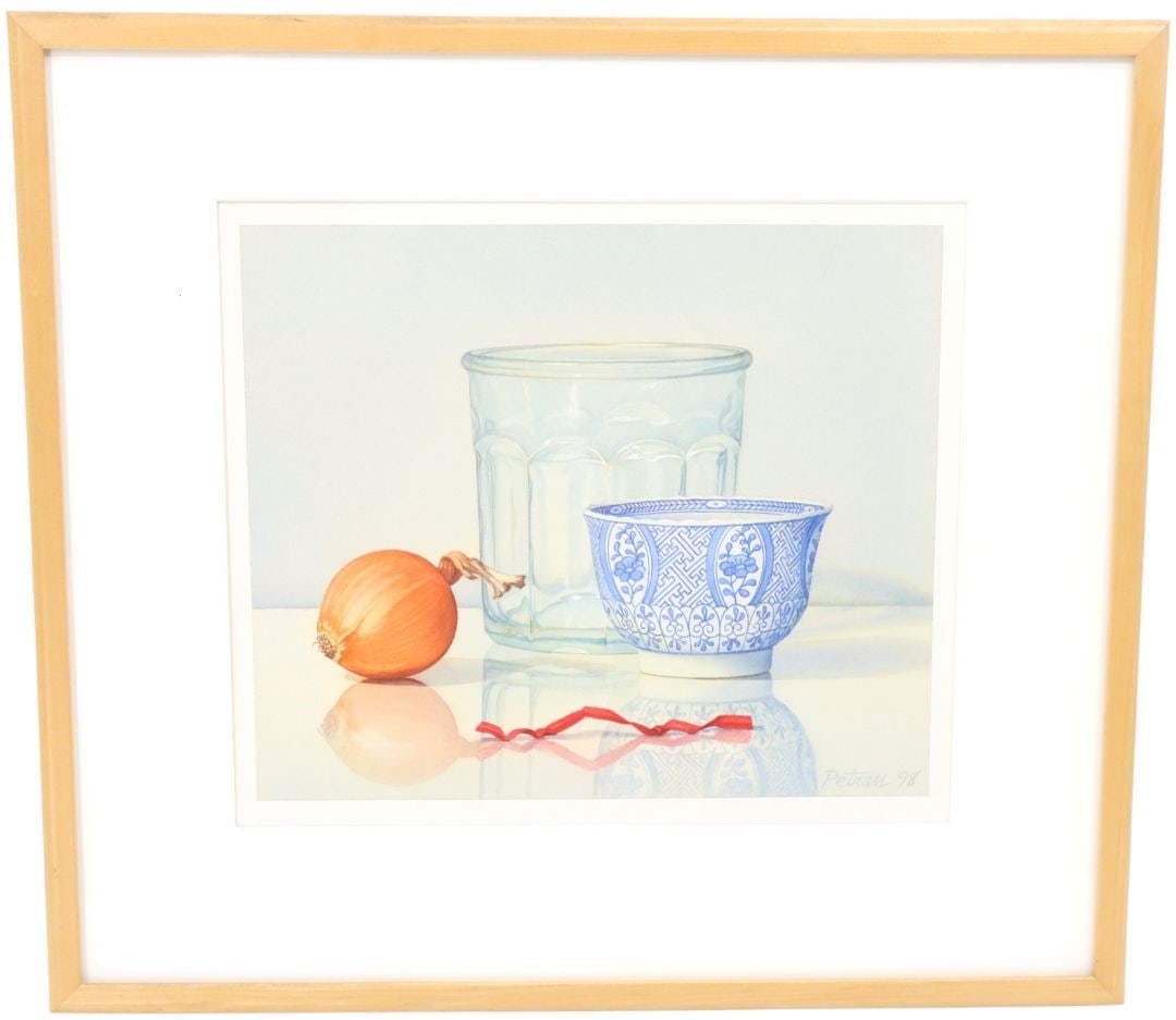 James Petran (20th C) American, Watercolor: James Petran (20th C) American, Watercolor. Signed and dated '98 in lower right. Framed original watercolor of a still-life. Small onion, glass jar, blue & white cup, and a bread tie in the center. Ov