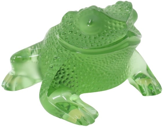 Lalique Green Frosted Glass Frog: Lalique Green Frosted Glass Frog. Signed: Lalique, France. Retains original label. Two small chips. One on a back foot. As Is: One of a front foot. Size: 4 5/8 x 4 5/8 x 3 1/4 in. #4509